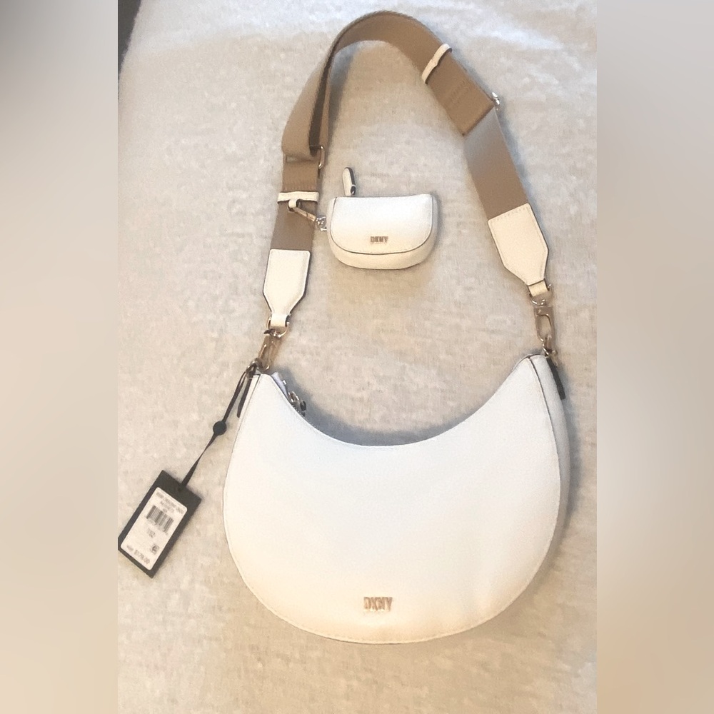 DKNY Sling CROSSBODY bag white, Jessie Crescent NWT set with AirPod case